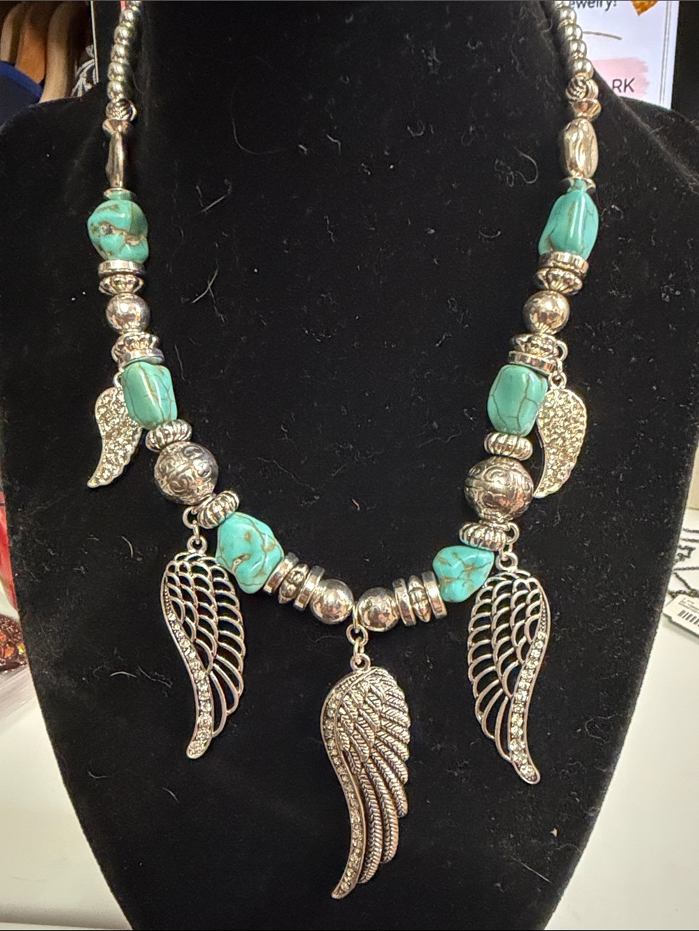 Silver Tone Turquoise Bead Wing Pendant Necklace - Women Jewelry, 14 inch